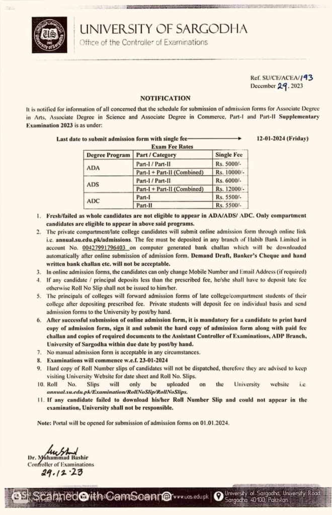 University of Sargodha Admission Associate Degrees in Arts, Science and Commerce Part II and Supplementary Examinations 2023