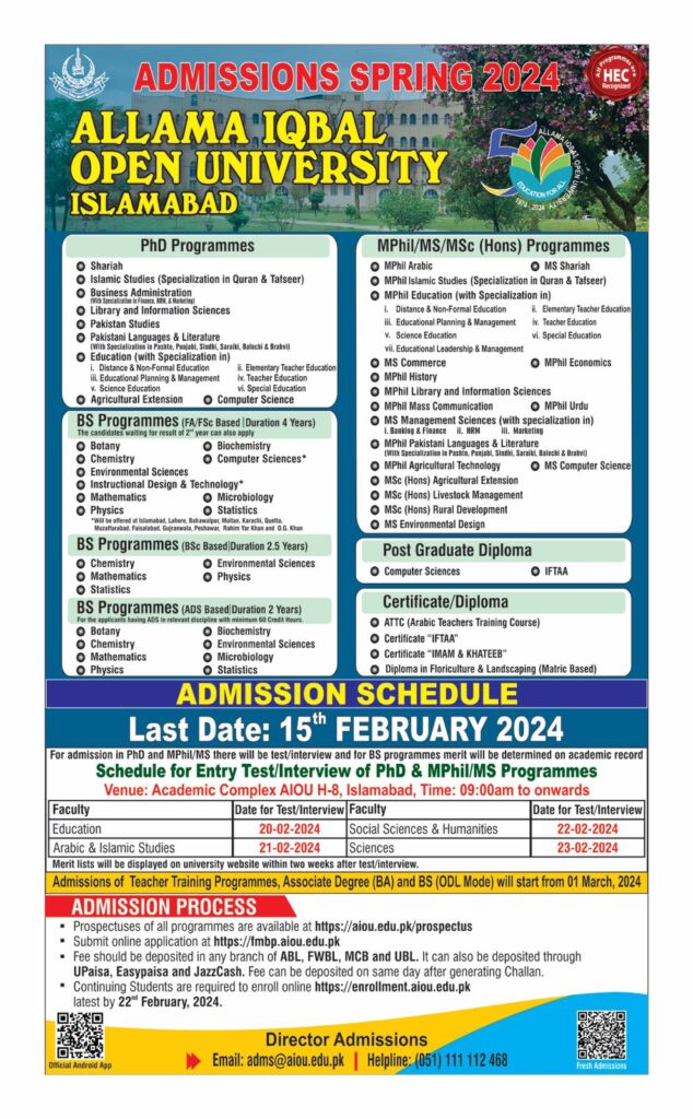 AIOU Admission 2024 Matric, Intermediate, BS, MSc, MPhil, MS