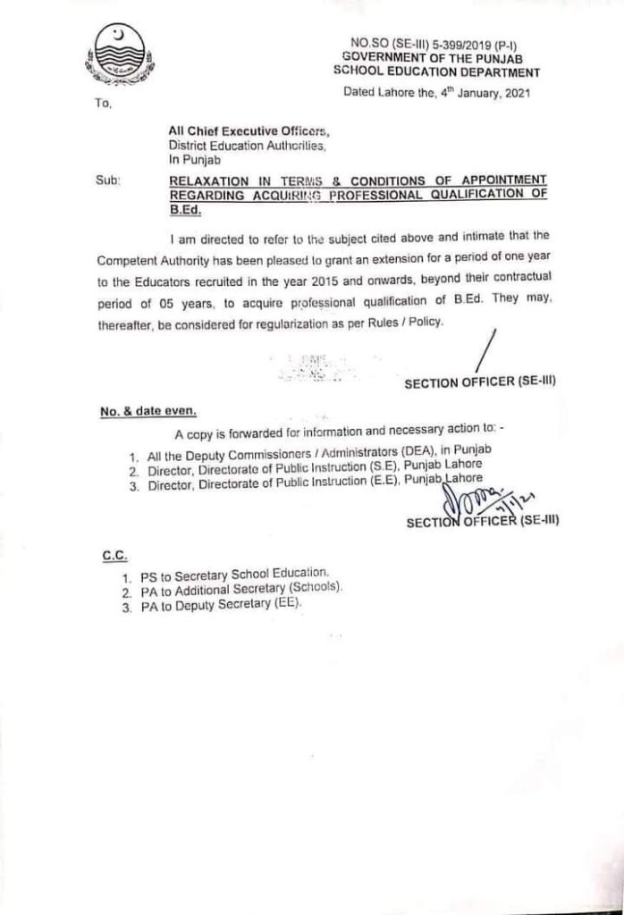 Extension of contract for one year for B.Ed qualification for Educators
