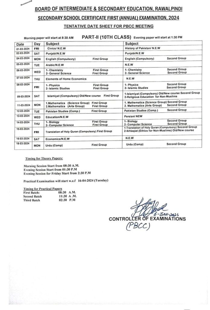 9th and 10th Class Exam Date Sheet 2024 Punjab, Pakistan